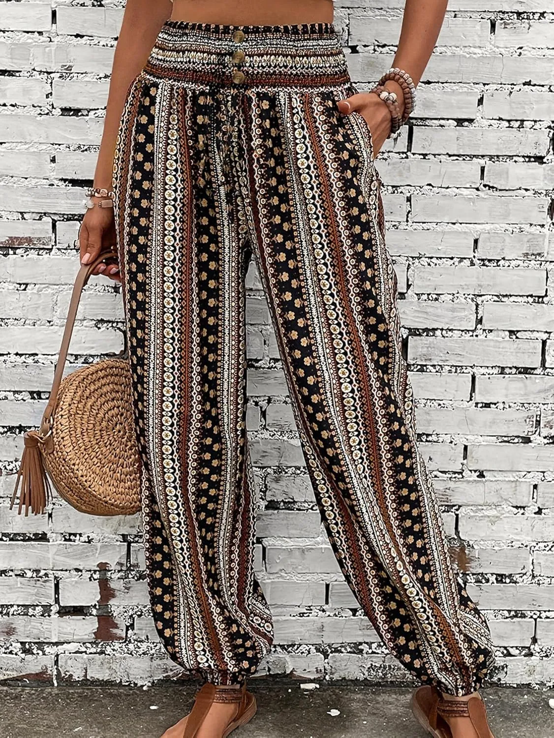 Katutude Women's Harem Pants Boho Print Loose Fit Yoga Pants High Waisted Casual Pants Flowy Wide Leg Pants