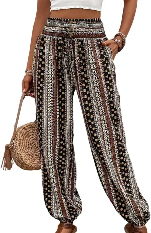 Katutude Women's Harem Pants Boho Print Loose Fit Yoga Pants High Waisted Casual Pants Flowy Wide Leg Pants