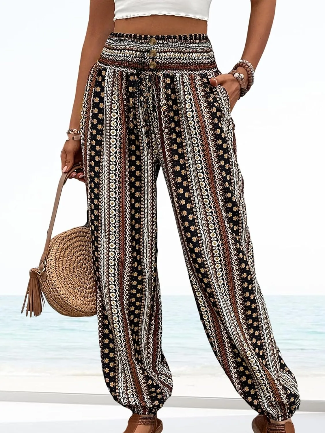 Katutude Women's Harem Pants Boho Print Loose Fit Yoga Pants High Waisted Casual Pants Flowy Wide Leg Pants