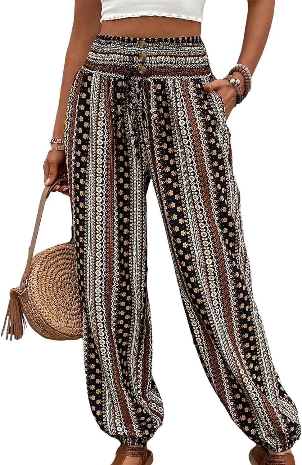 Katutude Women's Harem Pants Boho Print Loose Fit Yoga Pants High Waisted Casual Pants Flowy Wide Leg Pants