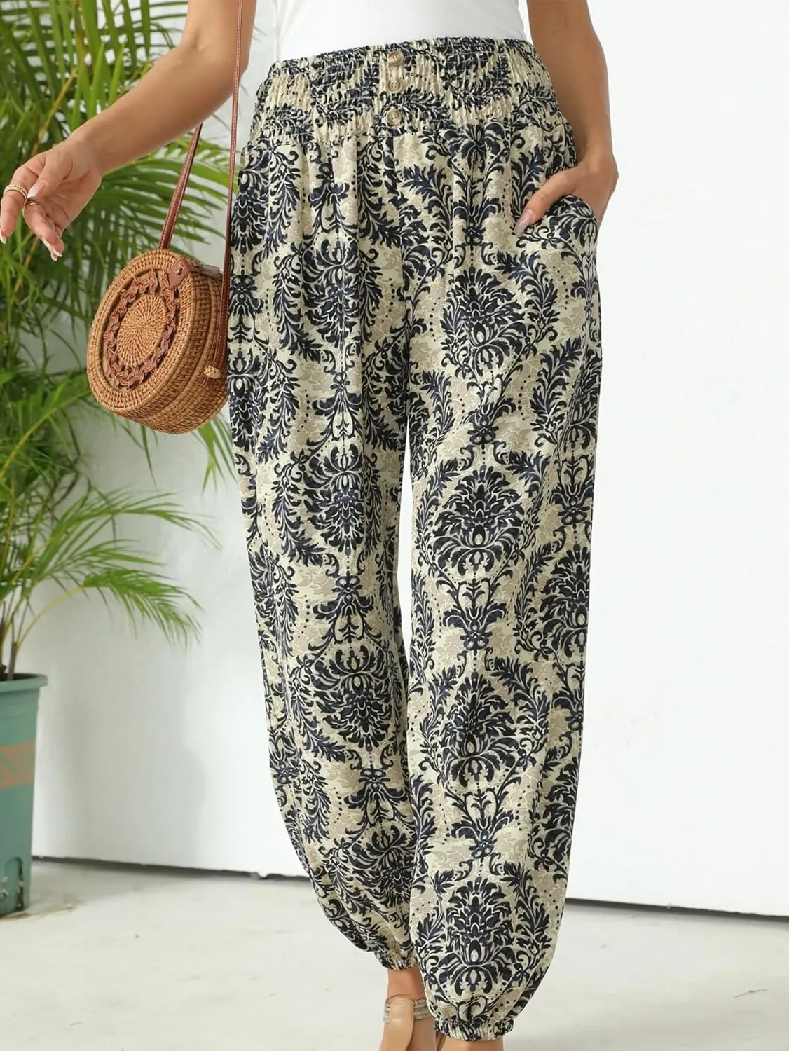 Katutude Women's Harem Pants Boho Print Loose Fit Yoga Pants High Waisted Casual Pants Flowy Wide Leg Pants