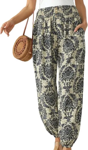 Katutude Women's Harem Pants Boho Print Loose Fit Yoga Pants High Waisted Casual Pants Flowy Wide Leg Pants
