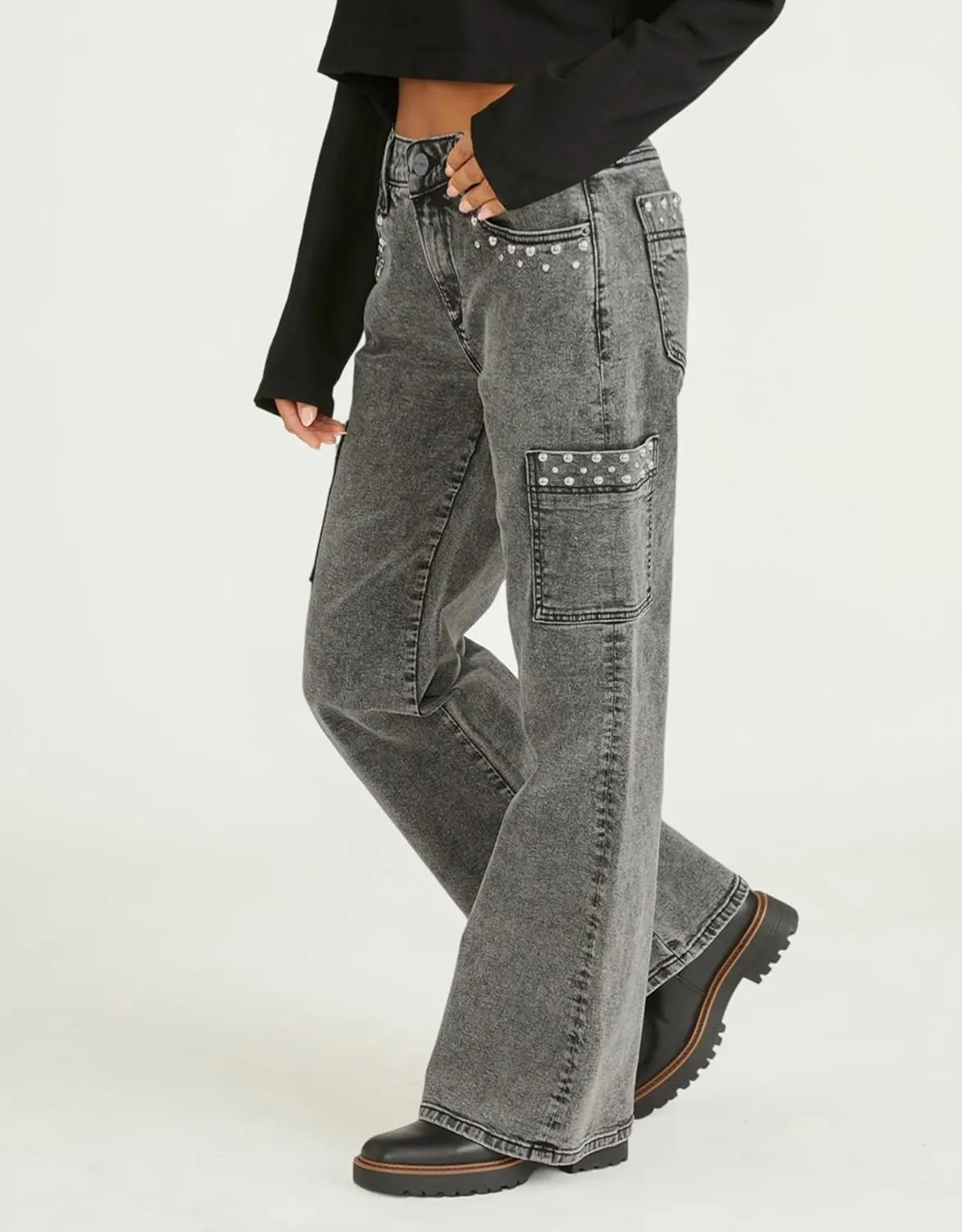 Kedera Women's Pearl Jeans High Waisted Jeans Boyfriend Baggy Straight Leg Casual Denim Pants Trousers Y2K