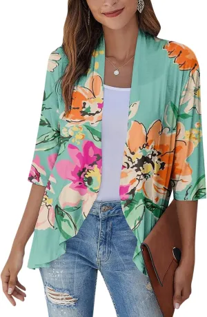 Kimono Cardigan Summer Cardigans for Women 2023 Trendy Ethnic Style Open Front 3/4 Sleeve Cardigan Open Front Tops