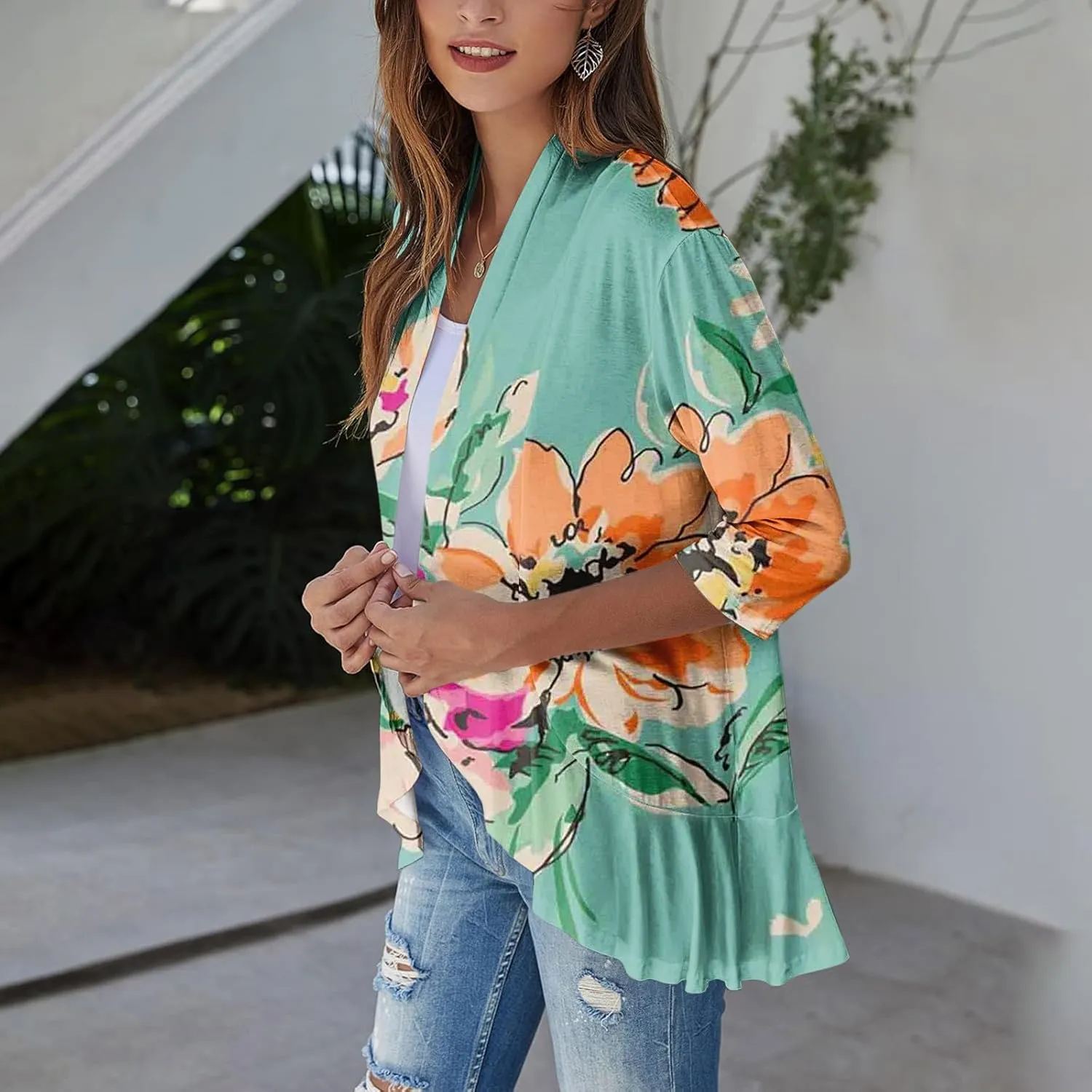 Kimono Cardigan Summer Cardigans for Women 2023 Trendy Ethnic Style Open Front 3/4 Sleeve Cardigan Open Front Tops