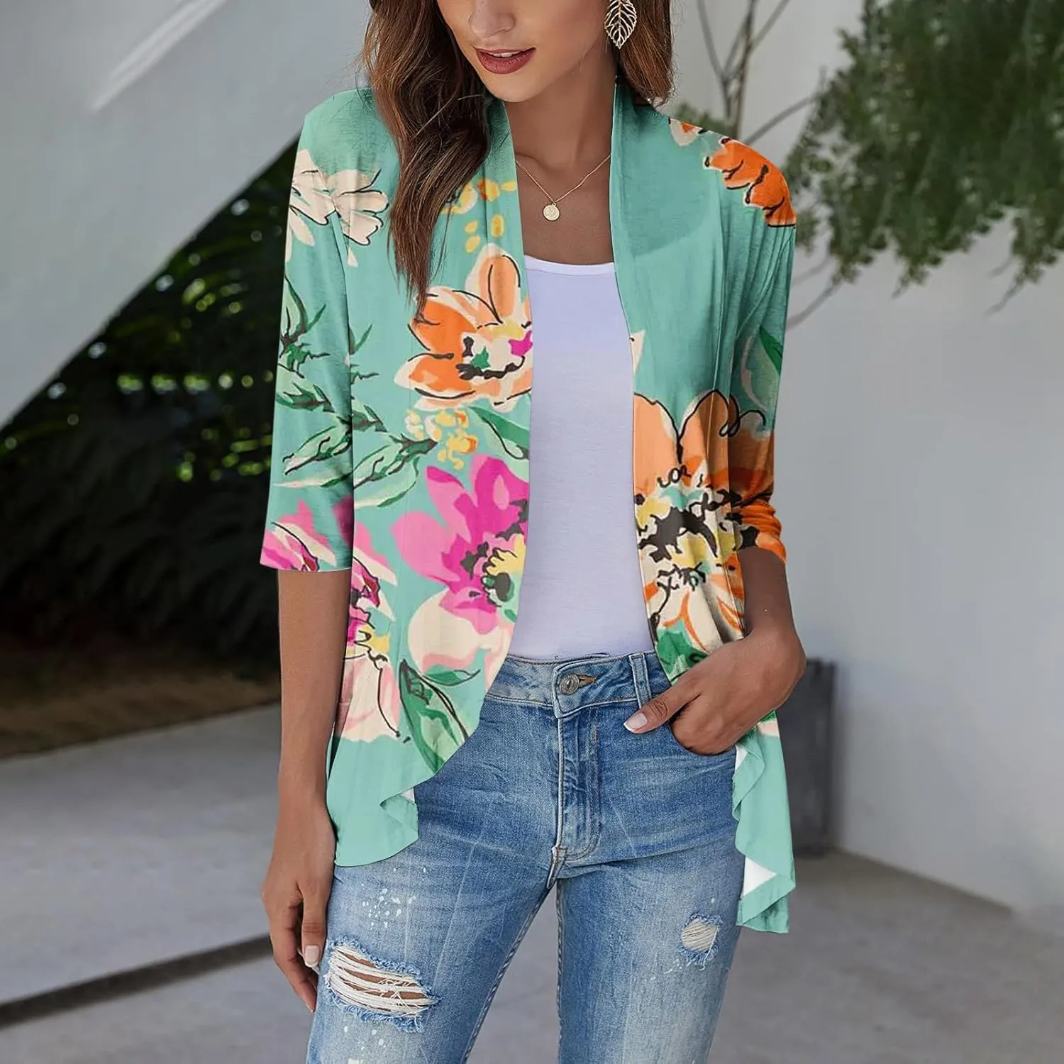 Kimono Cardigan Summer Cardigans for Women 2023 Trendy Ethnic Style Open Front 3/4 Sleeve Cardigan Open Front Tops