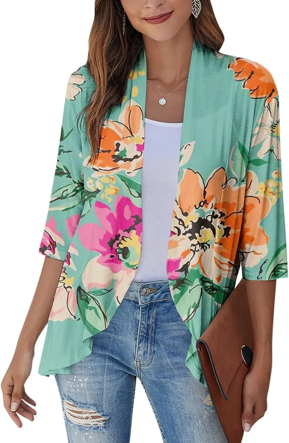 Kimono Cardigan Summer Cardigans for Women 2023 Trendy Ethnic Style Open Front 3/4 Sleeve Cardigan Open Front Tops