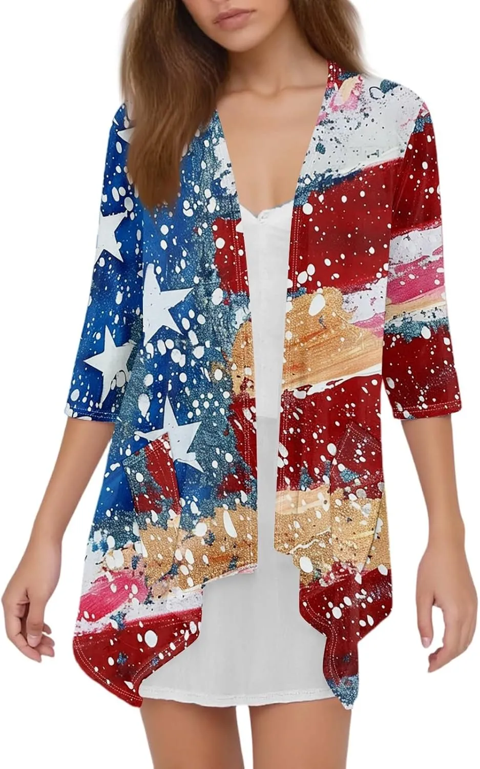 Kimono Cardigans for Women Trendy 2025 4Th of July Summer Patriotic 3/4 Sleeve Cardigan Irregular with Pocket