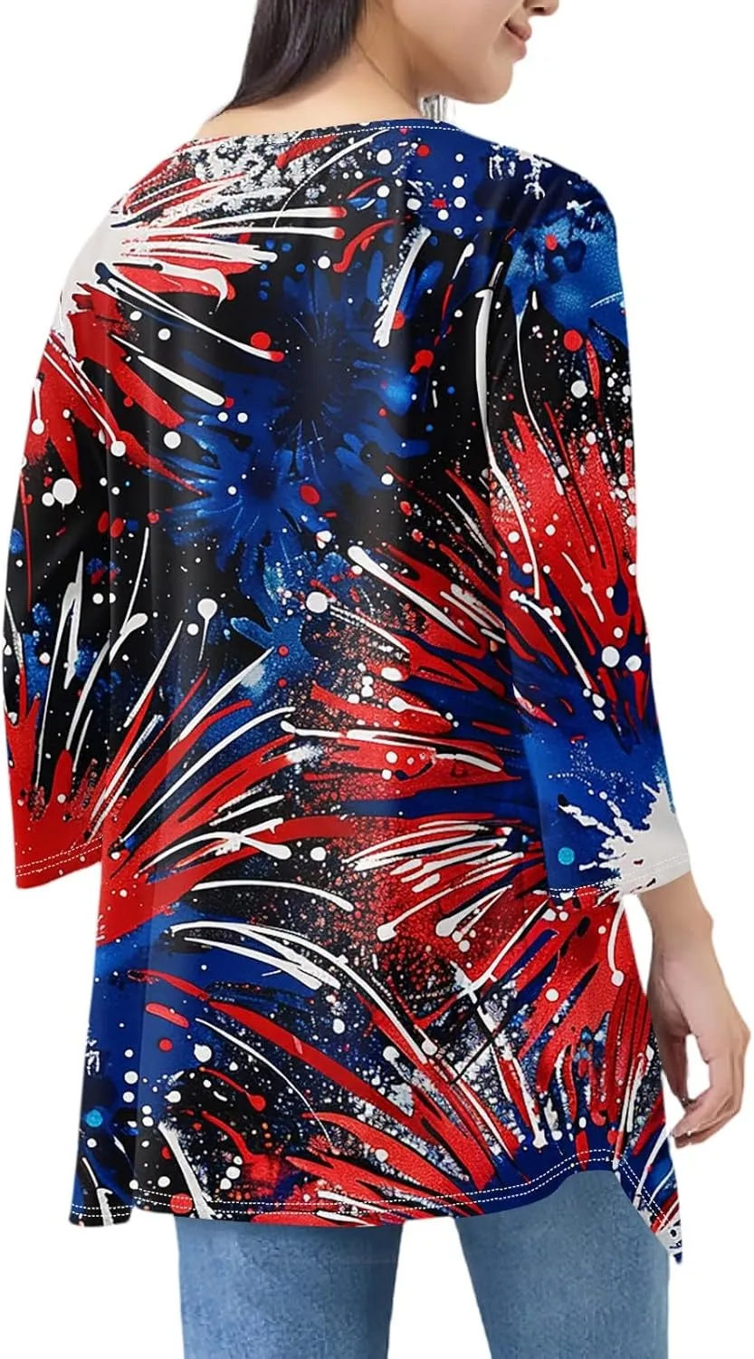 Kimono Cardigans for Women Trendy 2025 4Th of July Summer Patriotic 3/4 Sleeve Cardigan Irregular with Pocket