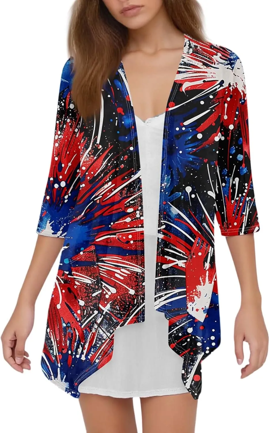 Kimono Cardigans for Women Trendy 2025 4Th of July Summer Patriotic 3/4 Sleeve Cardigan Irregular with Pocket