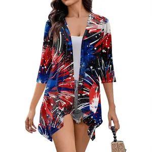Kimono Cardigans for Women Trendy 2025 4Th of July Summer Patriotic 3/4 Sleeve Cardigan Irregular with Pocket