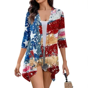 Kimono Cardigans for Women Trendy 2025 4Th of July Summer Patriotic 3/4 Sleeve Cardigan Irregular with Pocket
