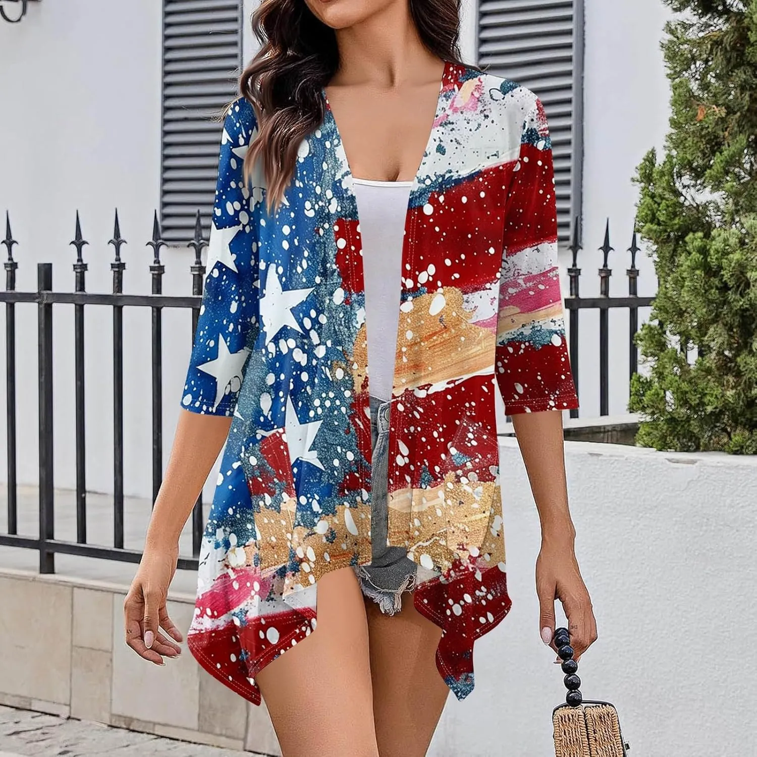 Kimono Cardigans for Women Trendy 2025 4Th of July Summer Patriotic 3/4 Sleeve Cardigan Irregular with Pocket