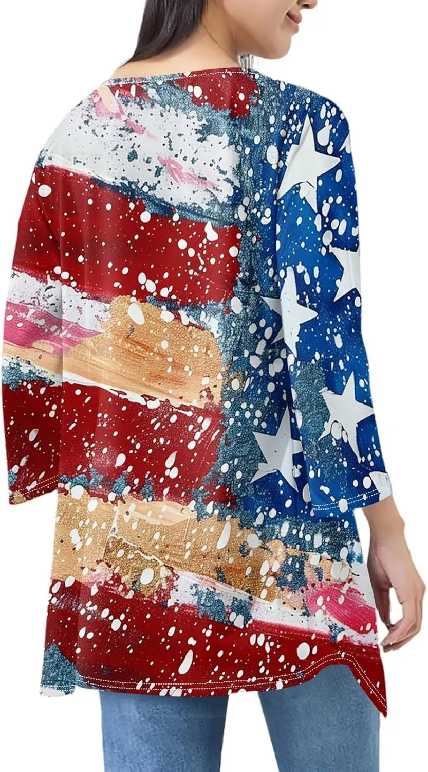 Kimono Cardigans for Women Trendy 2025 4Th of July Summer Patriotic 3/4 Sleeve Cardigan Irregular with Pocket