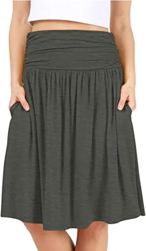 Knee Length Skirts for Women with Pocket Casual Pleated High Waisted Skirts Summer Flare Elegant A Line Beach Midi Skirt