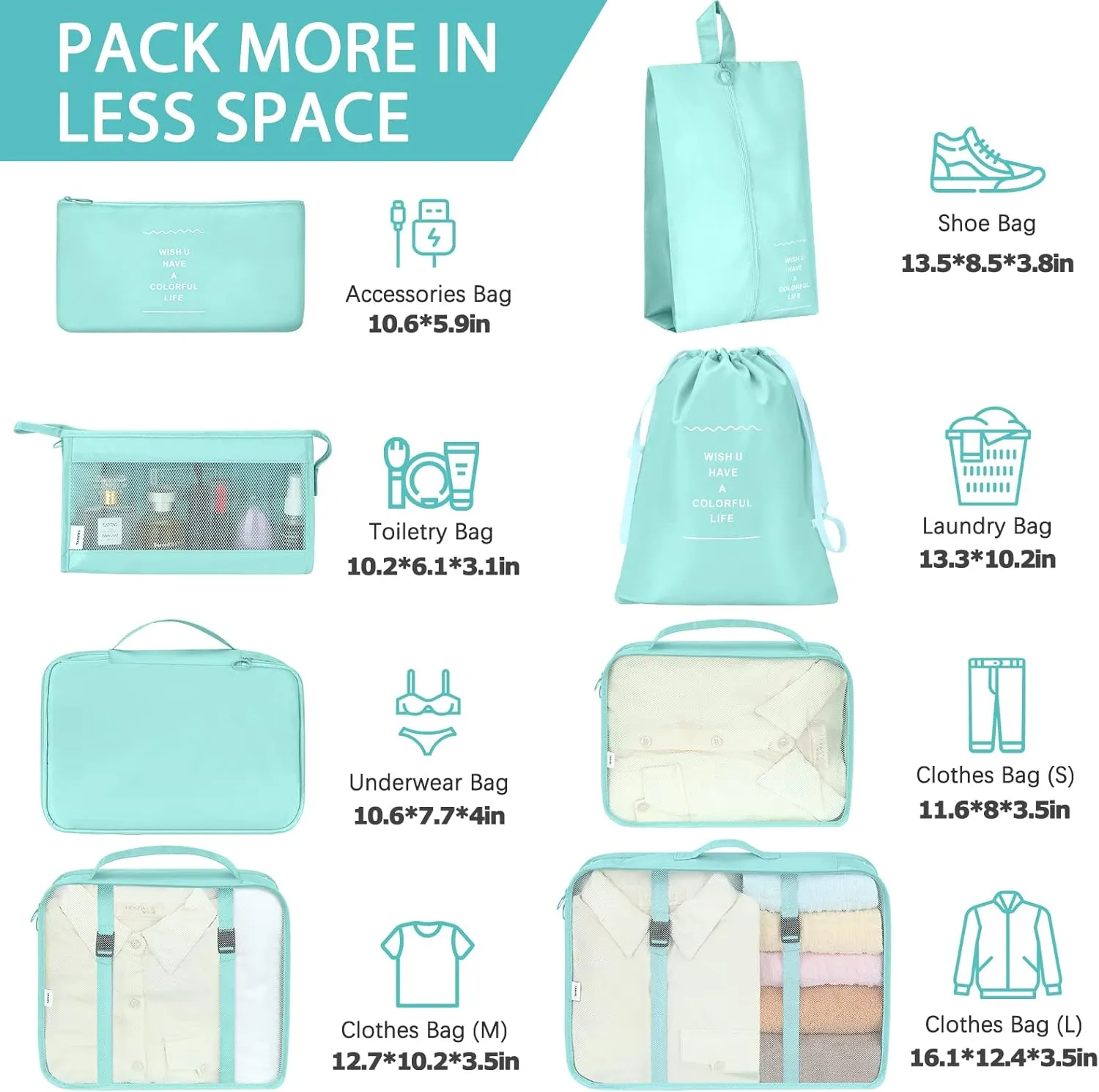 KPX 8 Set Packing Cubes for Travel, Luggage Packing Organizers Accessories Large Toiletries Bag for Clothes Shoes Cosmetics (Blue)