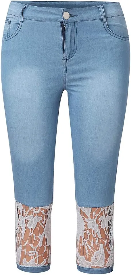 Lace Leggings for Women Capri Jean Leggings High Waisted Yoga Pants Stretch Tights Summer Cropped Trousers Plus Size