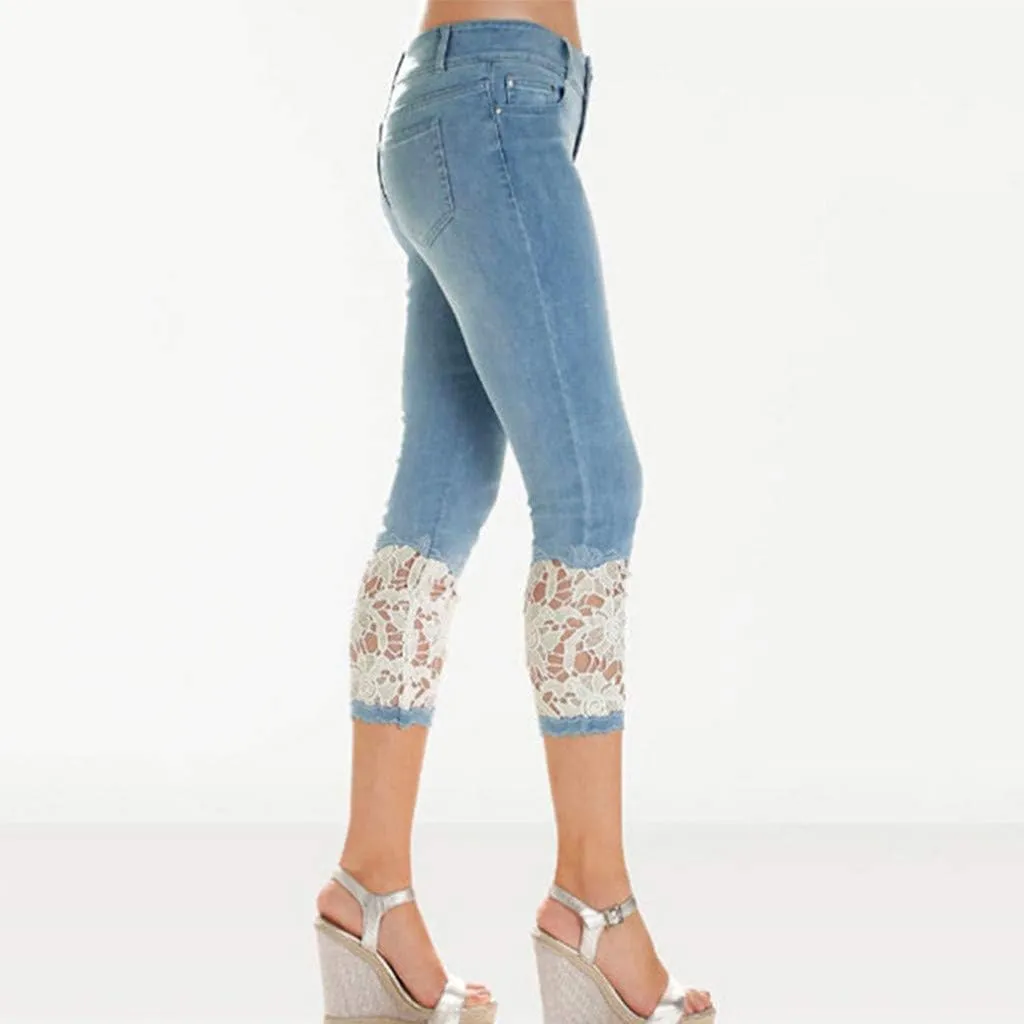 Lace Leggings for Women Capri Jean Leggings High Waisted Yoga Pants Stretch Tights Summer Cropped Trousers Plus Size