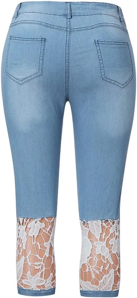 Lace Leggings for Women Capri Jean Leggings High Waisted Yoga Pants Stretch Tights Summer Cropped Trousers Plus Size
