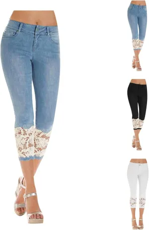 Lace Leggings for Women Capri Jean Leggings High Waisted Yoga Pants Stretch Tights Summer Cropped Trousers Plus Size