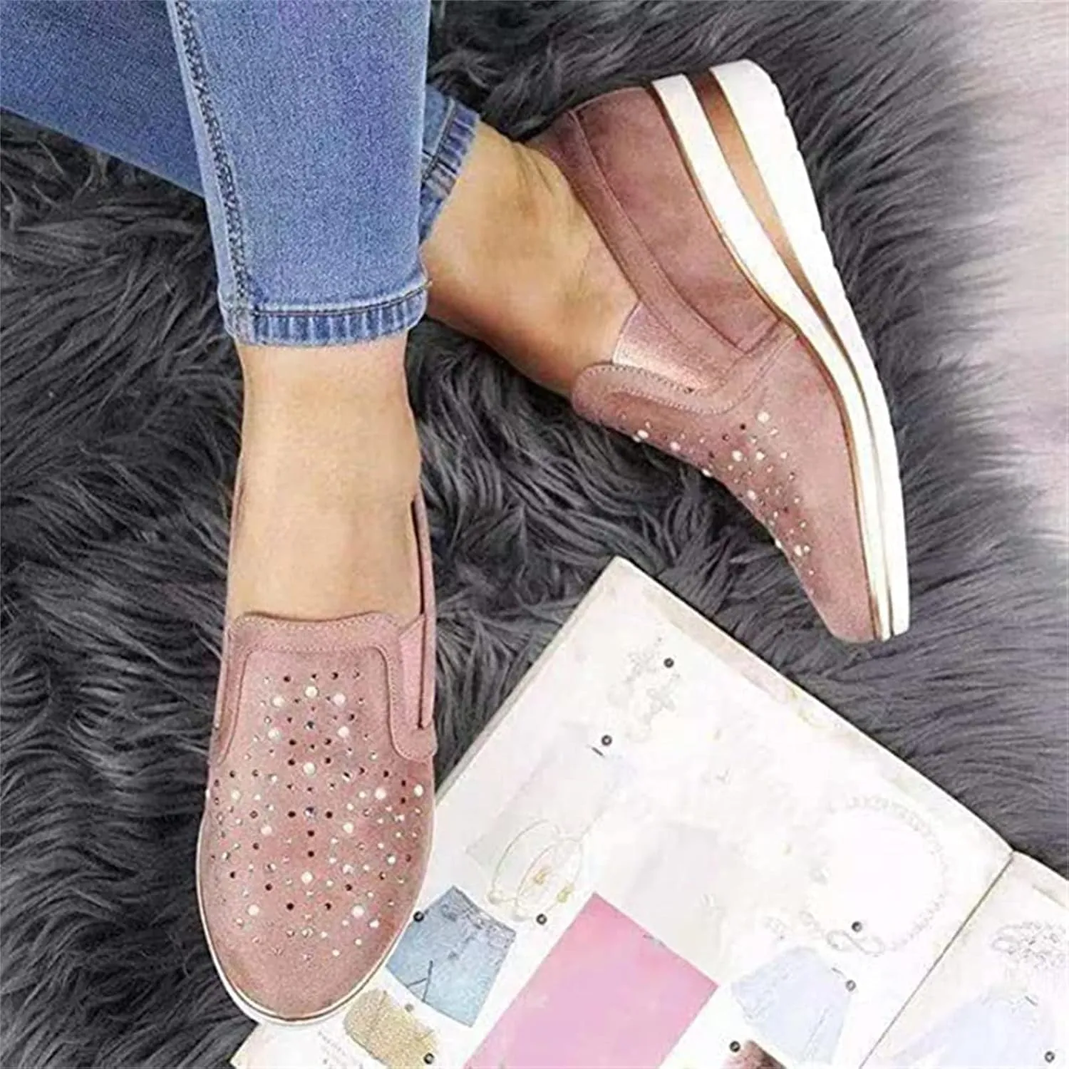 Ladmiple Sneakers For Women Walking Shoes Wide Width Slip On Glitter Shoes Dressy Casual Summer Sparkly Flats Loafers