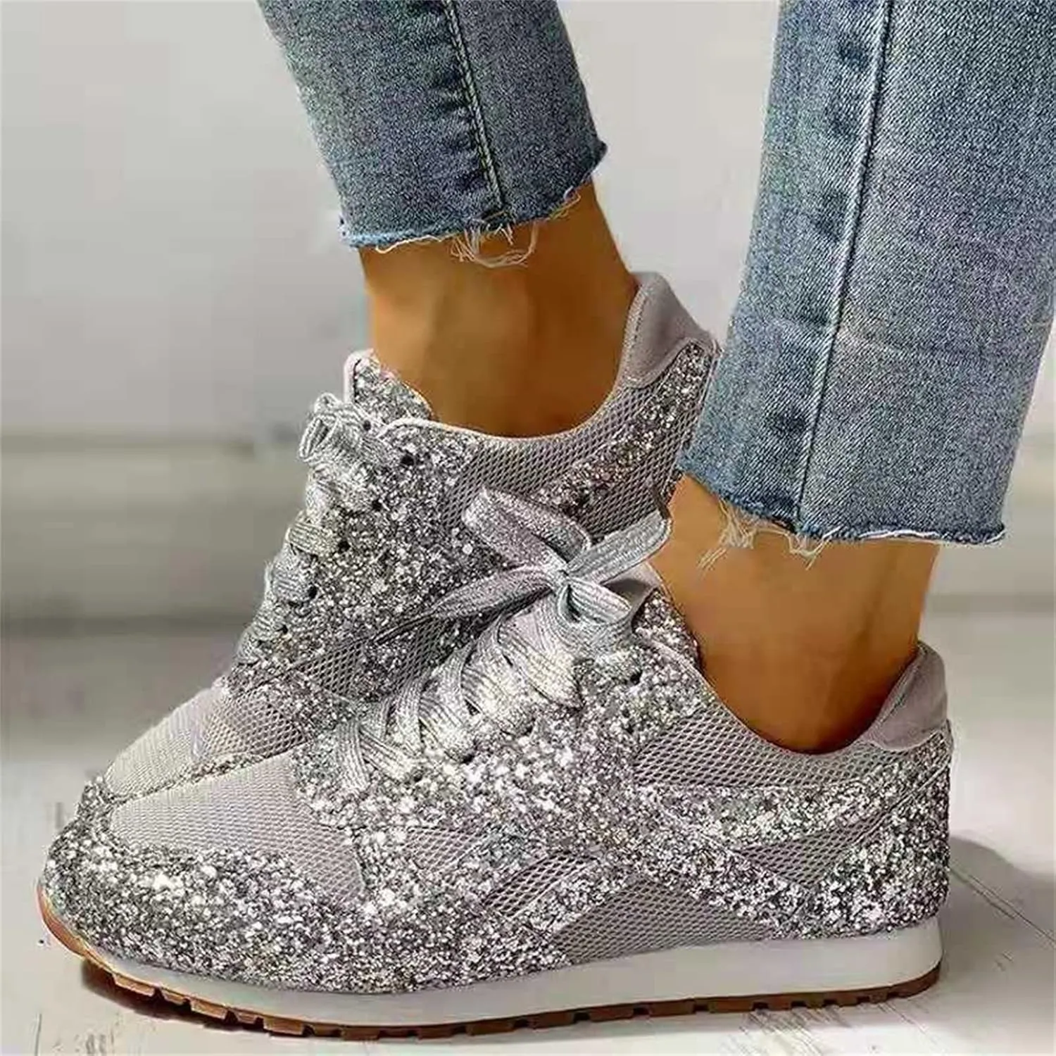 Ladmiple Sneakers For Women Walking Shoes Wide Width Slip On Sparkly Glitter Shoes Fashion Dressy Summer Flats Loafers