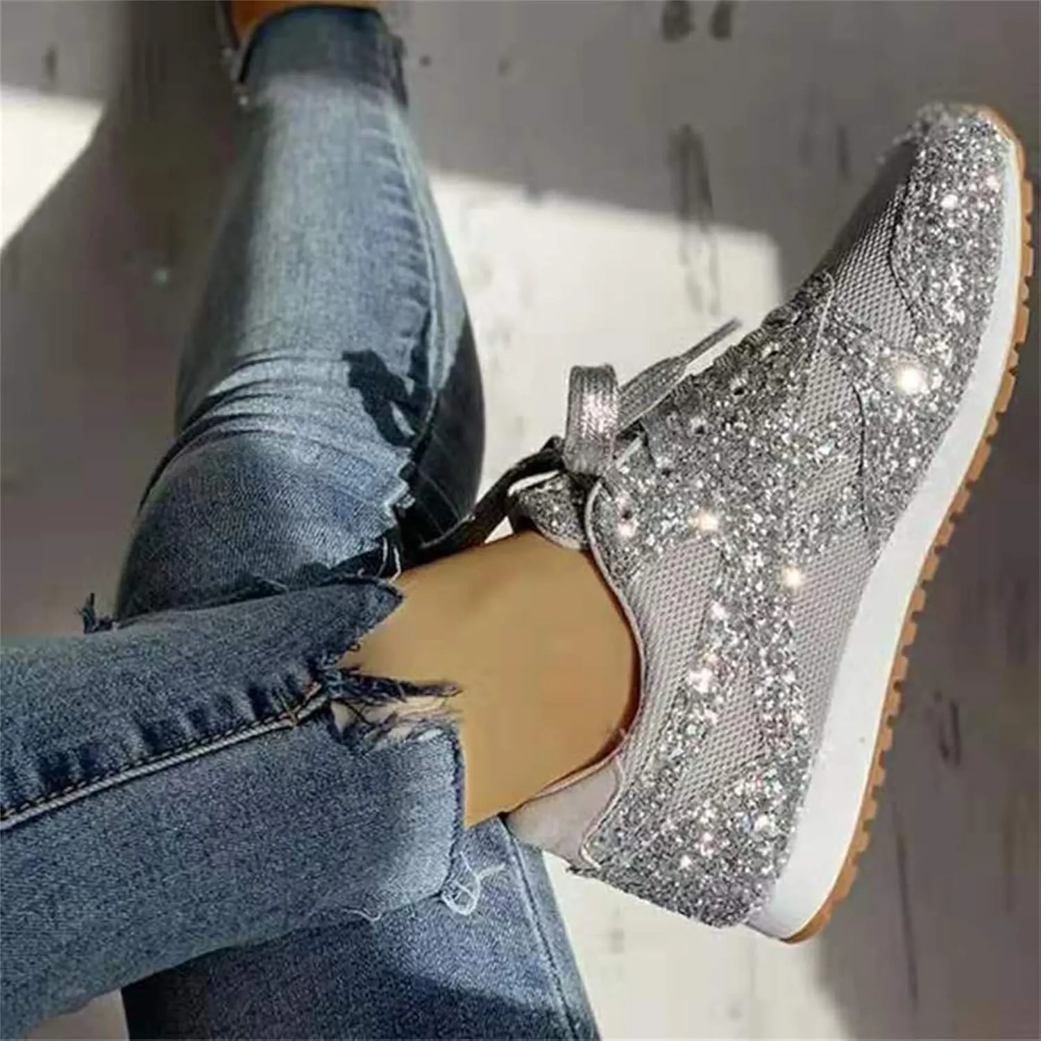 Ladmiple Sneakers For Women Walking Shoes Wide Width Slip On Sparkly Glitter Shoes Fashion Dressy Summer Flats Loafers
