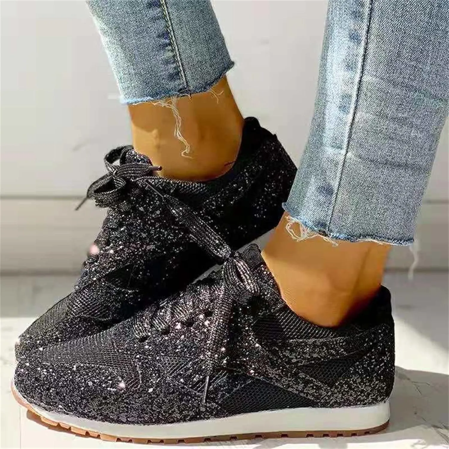 Ladmiple Sneakers For Women Walking Shoes Wide Width Slip On Sparkly Glitter Shoes Fashion Dressy Summer Flats Loafers