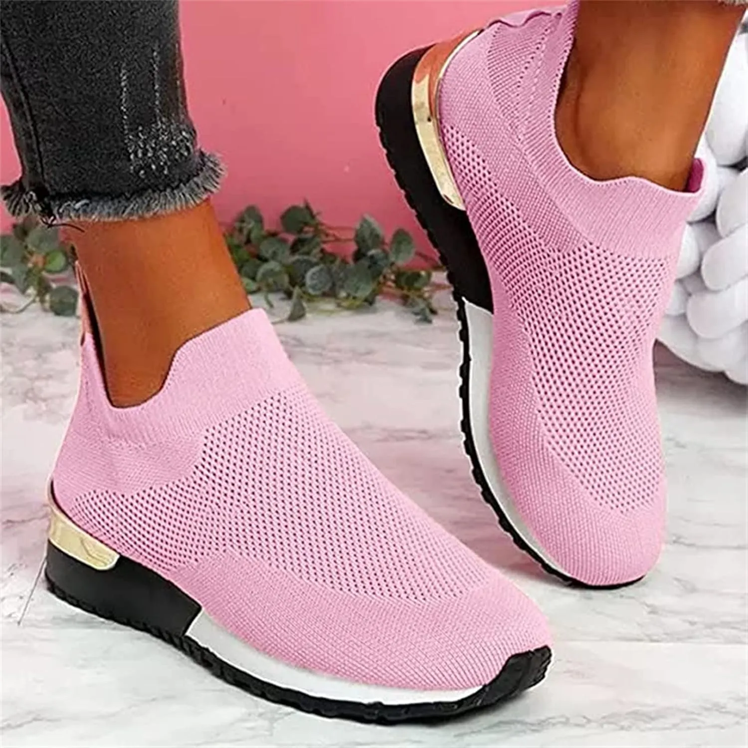 Ladmiple Walking Shoes Women Arch Support Slip On Sneakers Comfort Light Weight Mesh Casual Athletic Tennis Running Sneakers