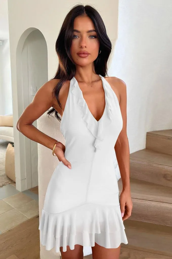 LAGSHIAN Women's Summer Sleeveless Halter V Neck Backless Mesh Ruffle Bodycon Mini Party Dress