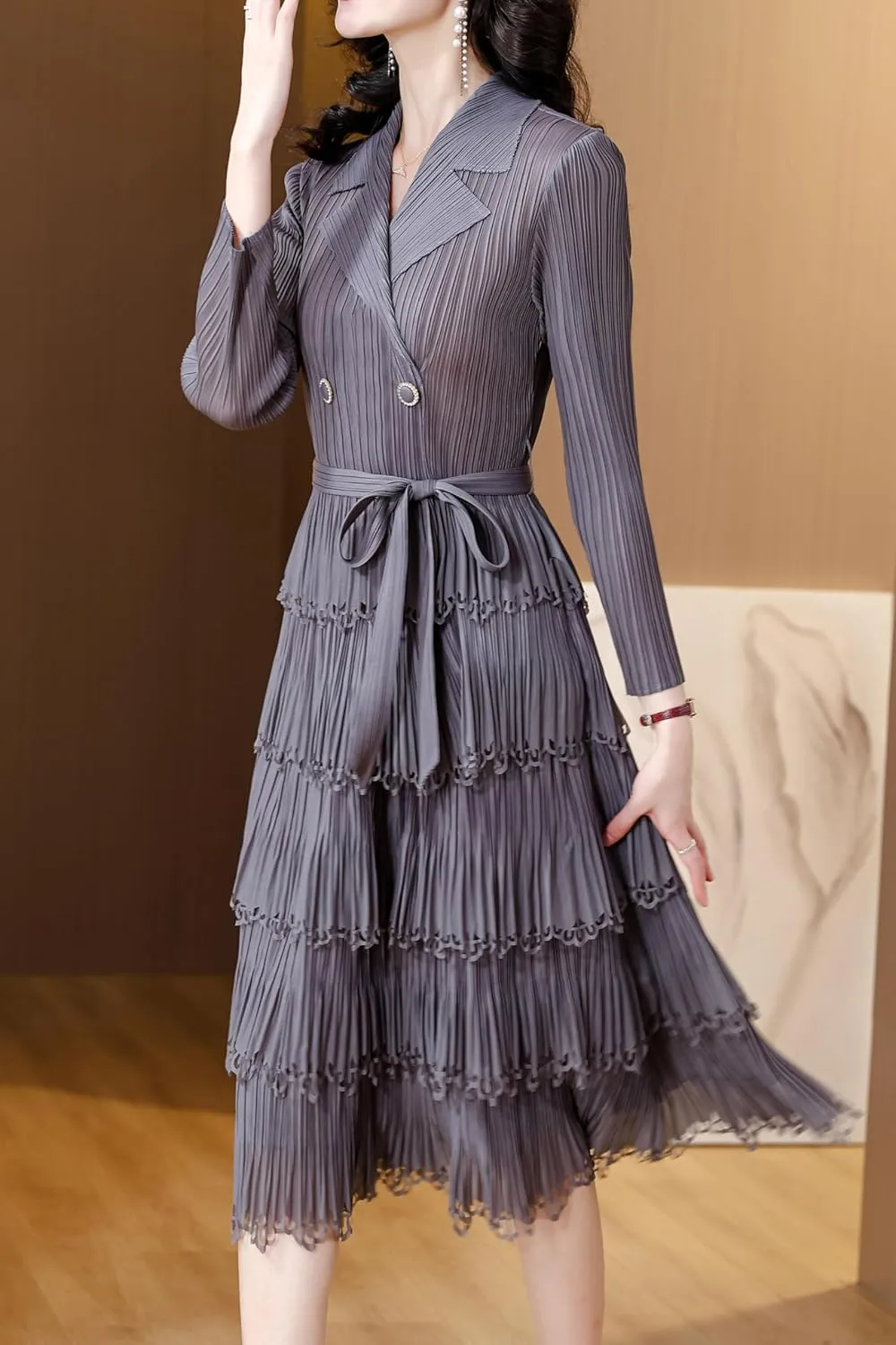 LAI MENG FIVE CATS Women's Pleated V-Neck Stretchy Layered Hem Midi Dress with Belt