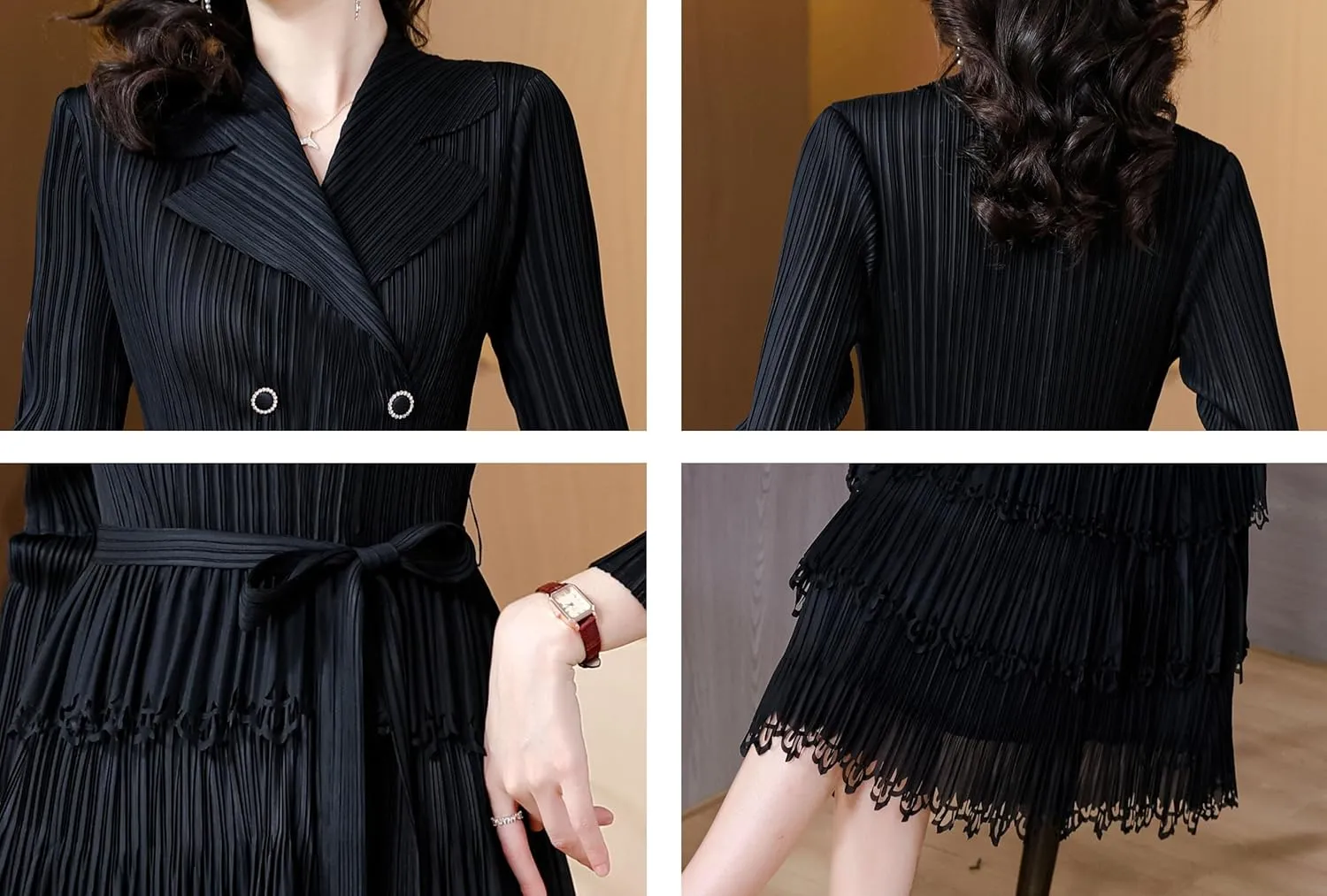 LAI MENG FIVE CATS Women's Pleated V-Neck Stretchy Layered Hem Midi Dress with Belt