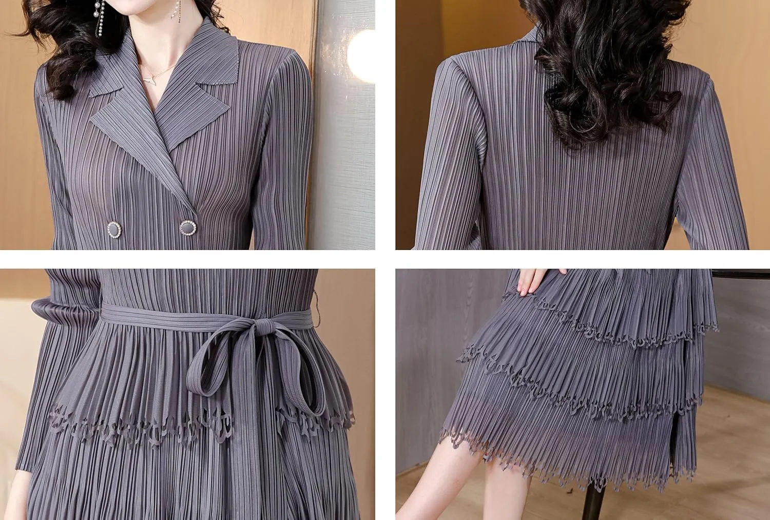 LAI MENG FIVE CATS Women's Pleated V-Neck Stretchy Layered Hem Midi Dress with Belt
