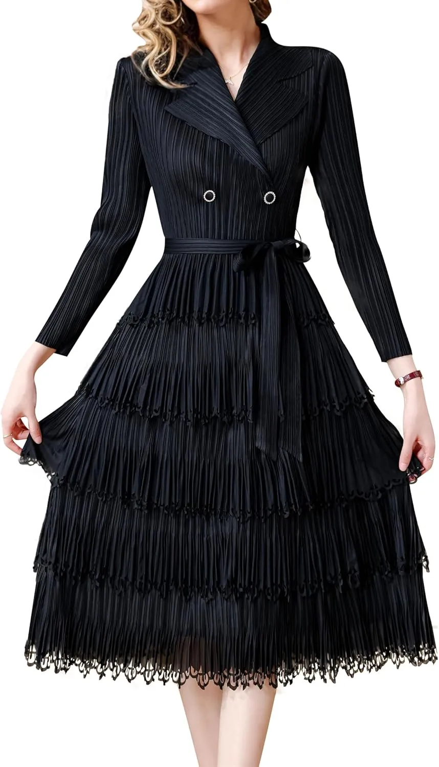 LAI MENG FIVE CATS Women's Pleated V-Neck Stretchy Layered Hem Midi Dress with Belt