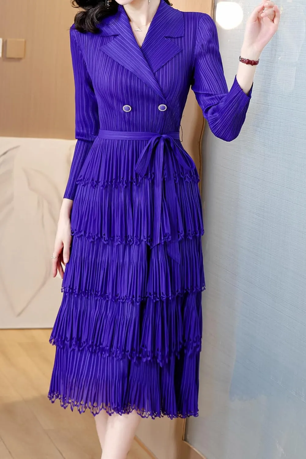 LAI MENG FIVE CATS Women's Pleated V-Neck Stretchy Layered Hem Midi Dress with Belt