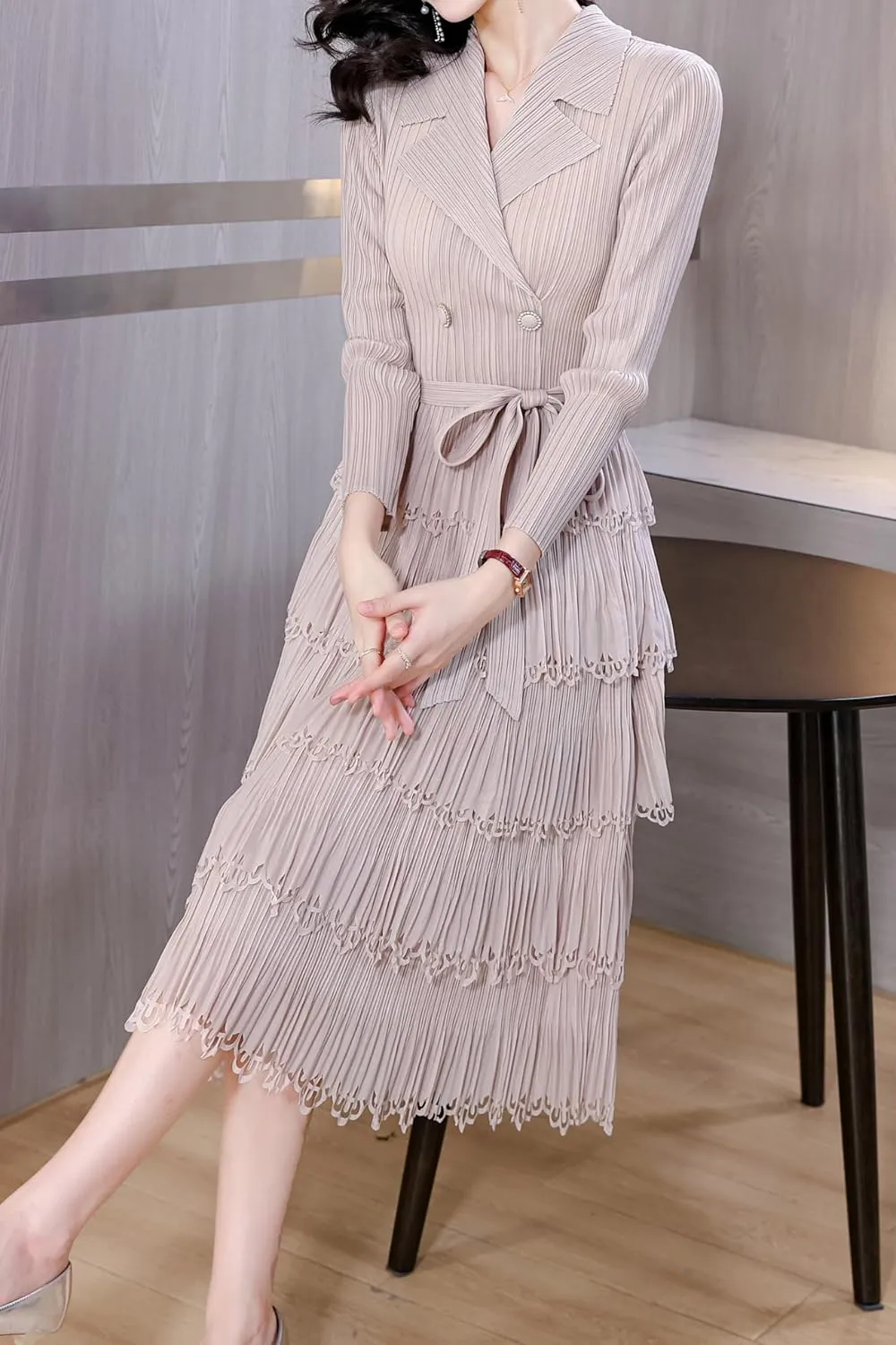 LAI MENG FIVE CATS Women's Pleated V-Neck Stretchy Layered Hem Midi Dress with Belt