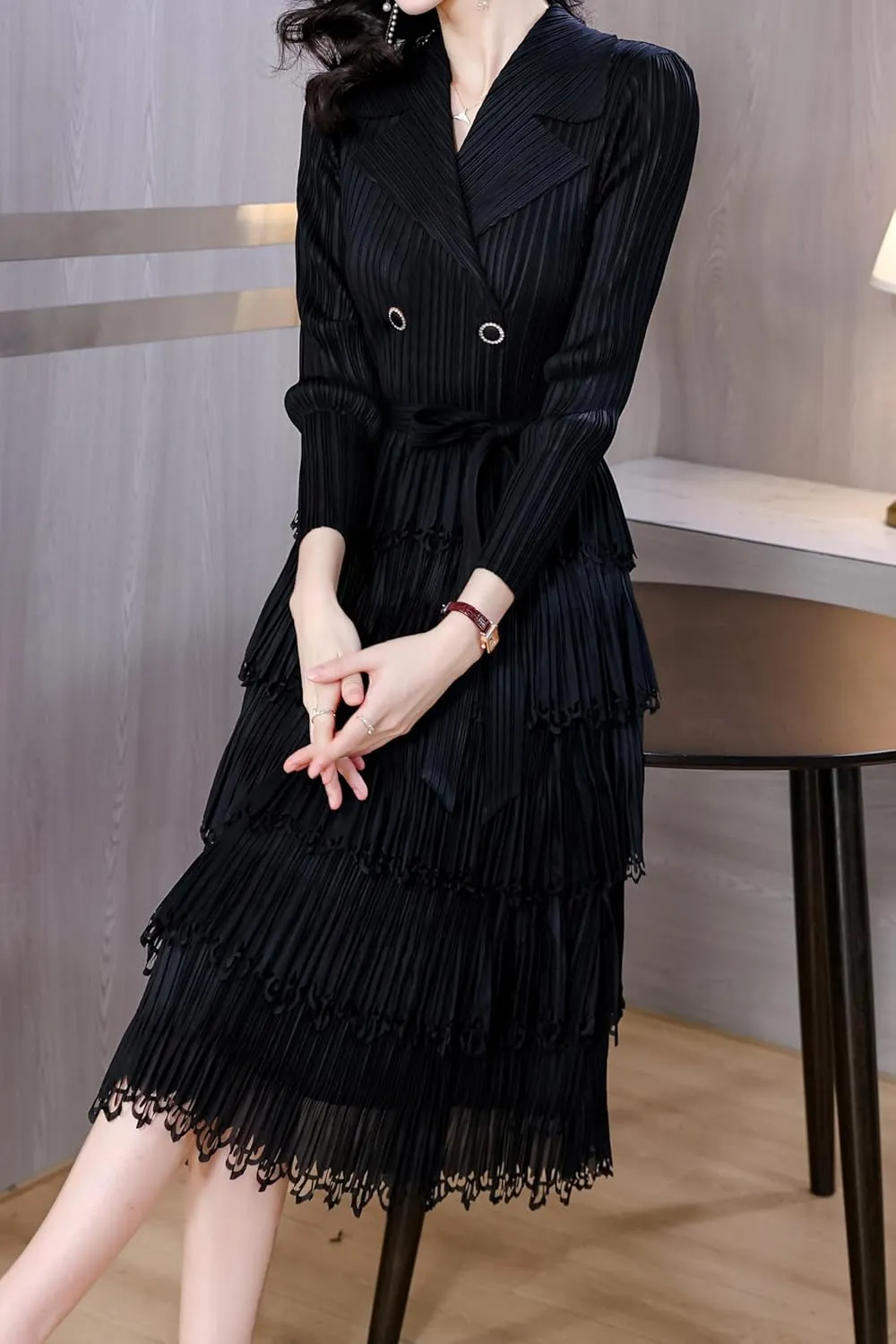 LAI MENG FIVE CATS Women's Pleated V-Neck Stretchy Layered Hem Midi Dress with Belt