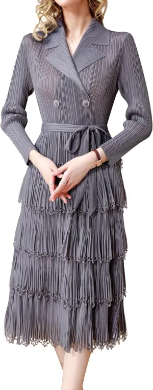 LAI MENG FIVE CATS Women's Pleated V-Neck Stretchy Layered Hem Midi Dress with Belt