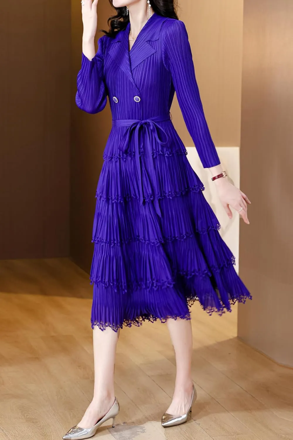 LAI MENG FIVE CATS Women's Pleated V-Neck Stretchy Layered Hem Midi Dress with Belt