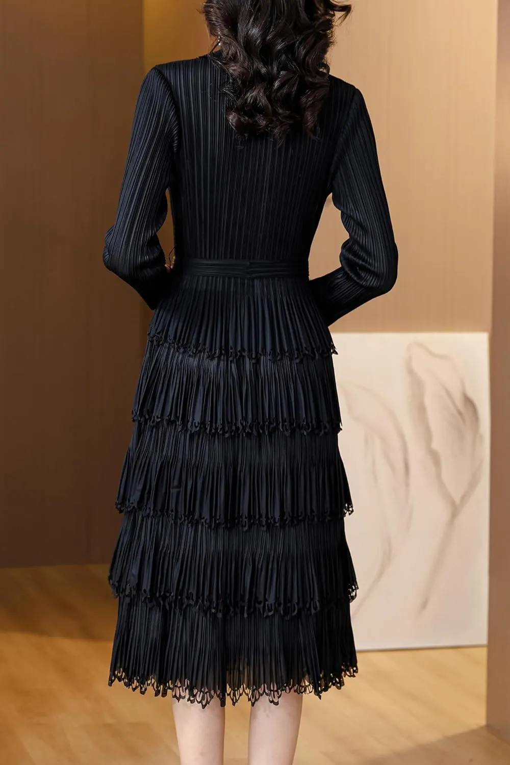 LAI MENG FIVE CATS Women's Pleated V-Neck Stretchy Layered Hem Midi Dress with Belt