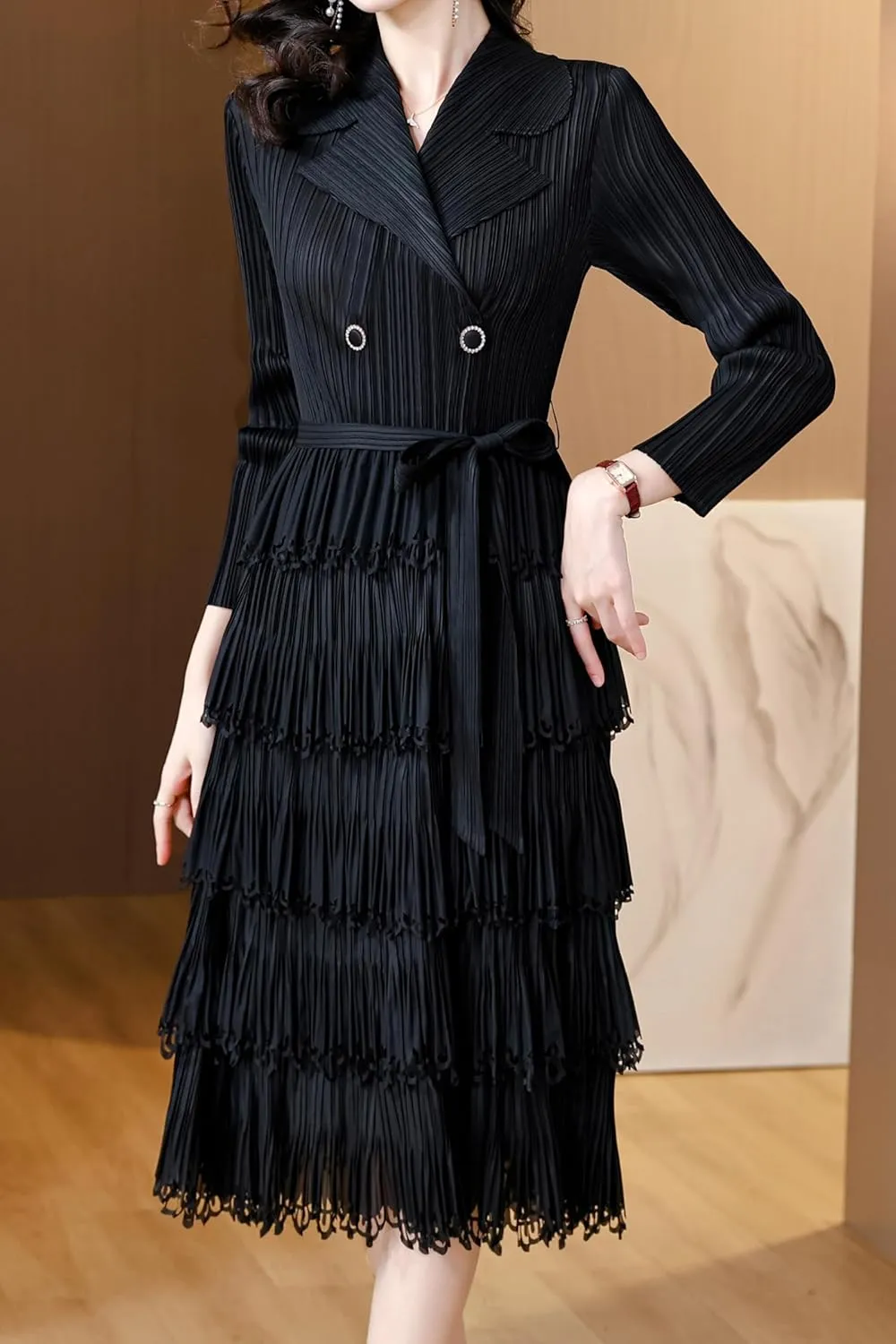 LAI MENG FIVE CATS Women's Pleated V-Neck Stretchy Layered Hem Midi Dress with Belt