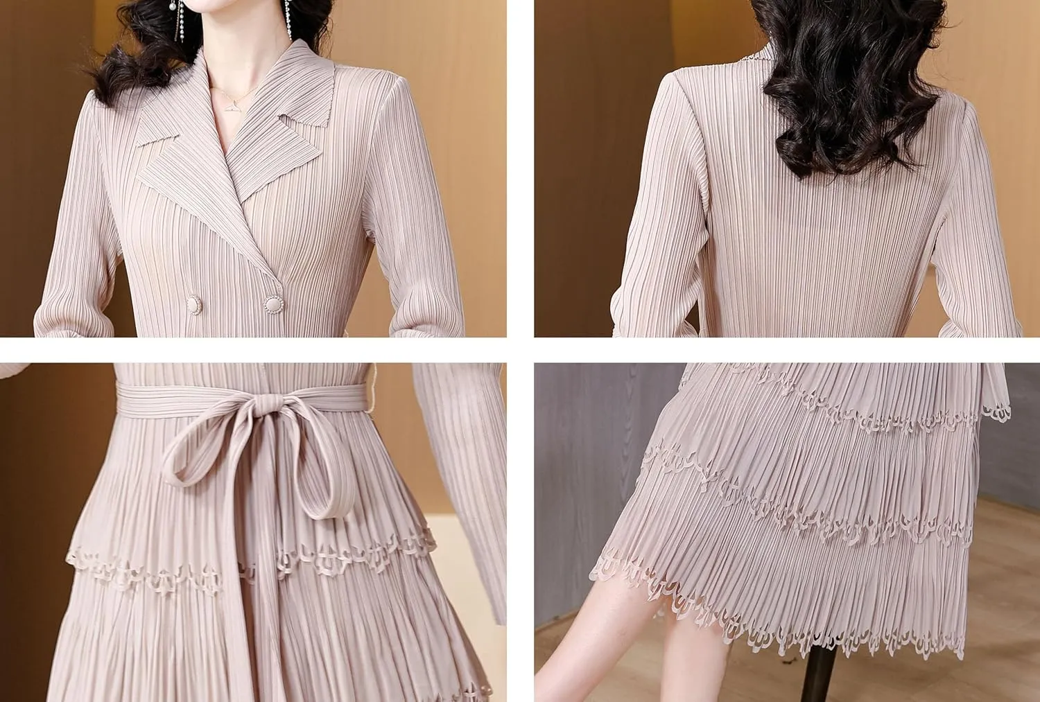 LAI MENG FIVE CATS Women's Pleated V-Neck Stretchy Layered Hem Midi Dress with Belt