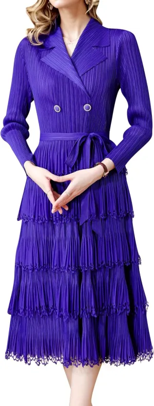 LAI MENG FIVE CATS Women's Pleated V-Neck Stretchy Layered Hem Midi Dress with Belt