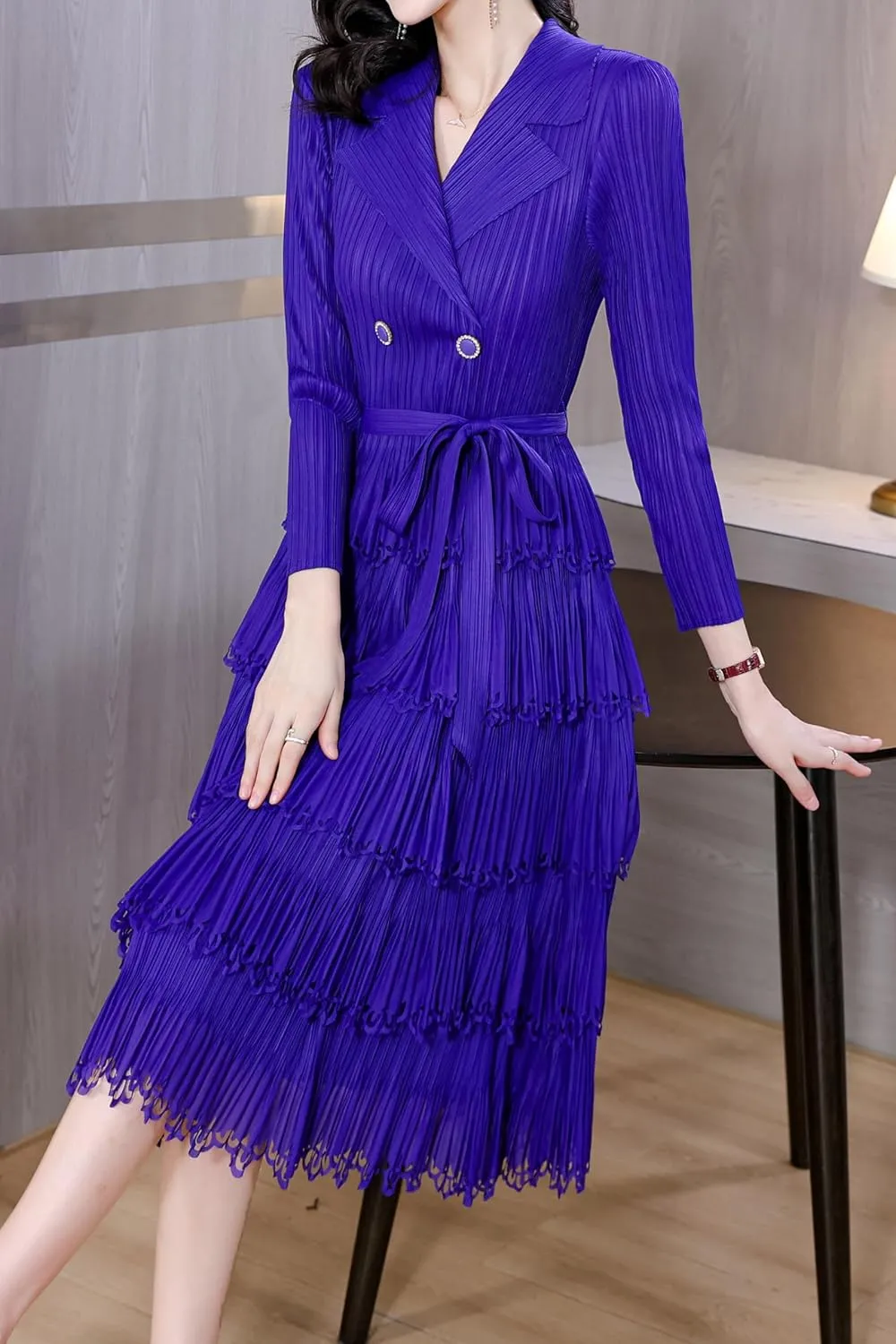 LAI MENG FIVE CATS Women's Pleated V-Neck Stretchy Layered Hem Midi Dress with Belt