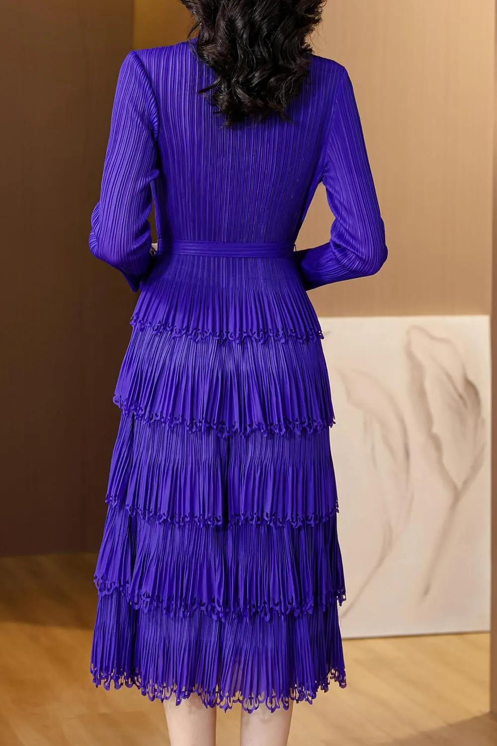 LAI MENG FIVE CATS Women's Pleated V-Neck Stretchy Layered Hem Midi Dress with Belt