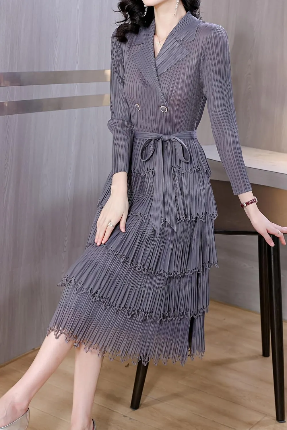 LAI MENG FIVE CATS Women's Pleated V-Neck Stretchy Layered Hem Midi Dress with Belt