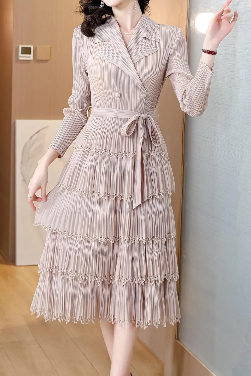 LAI MENG FIVE CATS Women's Pleated V-Neck Stretchy Layered Hem Midi Dress with Belt