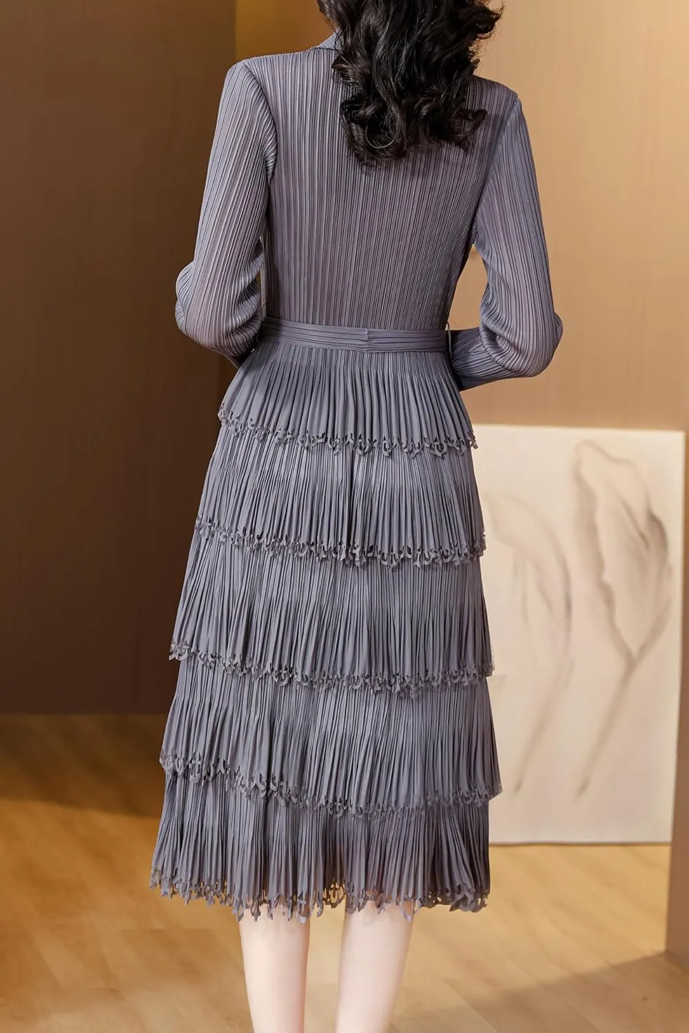 LAI MENG FIVE CATS Women's Pleated V-Neck Stretchy Layered Hem Midi Dress with Belt
