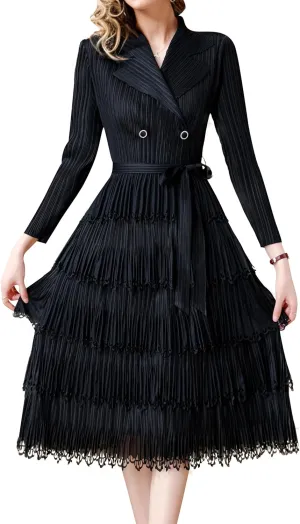 LAI MENG FIVE CATS Women's Pleated V-Neck Stretchy Layered Hem Midi Dress with Belt