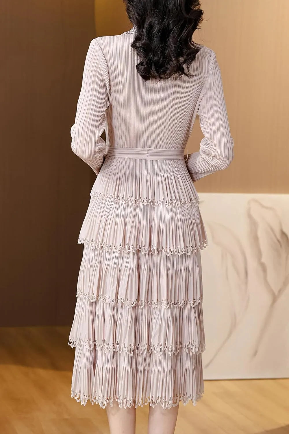 LAI MENG FIVE CATS Women's Pleated V-Neck Stretchy Layered Hem Midi Dress with Belt